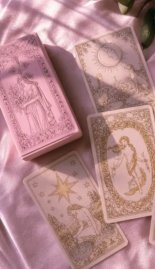 Mazo y cartas de tarot en tonos rosa pastel