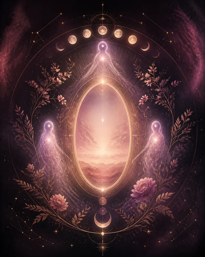 Portal luminoso rodeado de presencias sutiles, constelaciones y flores