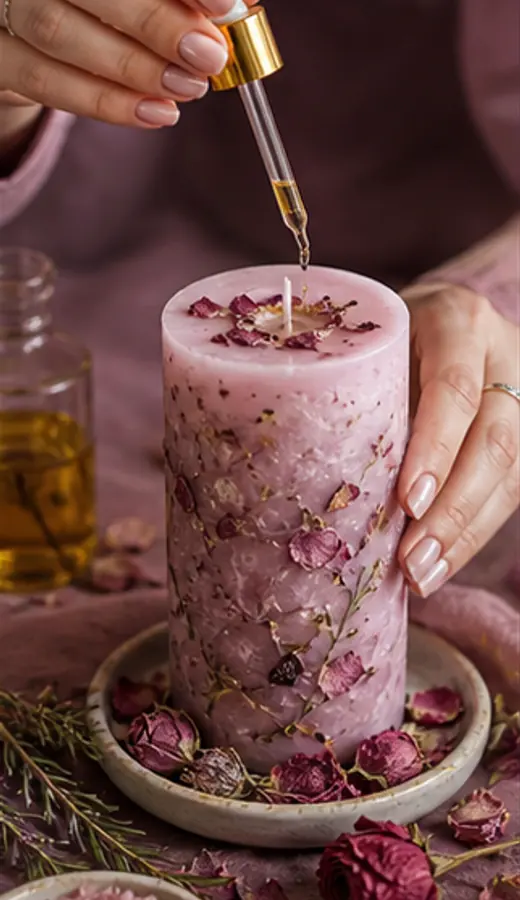 Vela rosa con flores preparada para un ritual energético
